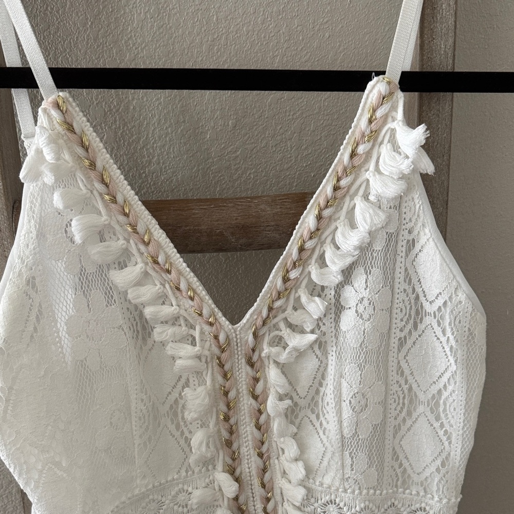 White Lace Dress with Braid and Pom Detail - Picture 3 of 6